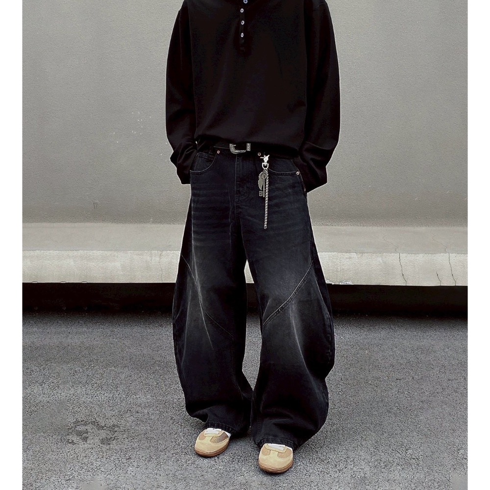 斜痕車線刷白牛仔彎刀褲-細節圖2