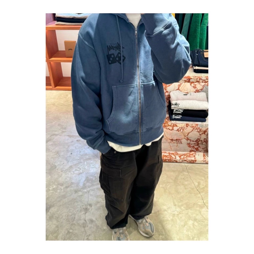 Stussy 骰子印花 水洗做舊日毛圈拉絨 拉鍊連帽衛衣外套 男女同款-細節圖3