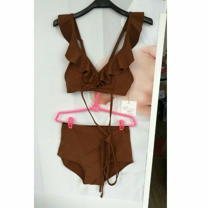 全新！SUMMER BIKINI咖啡色腰纏帶荷葉邊高腰2件式泳衣-細節圖7