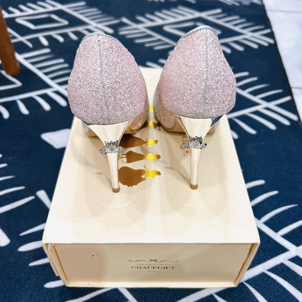 Gracegift公主系列婚鞋-仙度瑞拉燦爛漸層碎石跟鞋 粉紅 10公分 23.5（37）黃金尺寸(9成新)-細節圖3