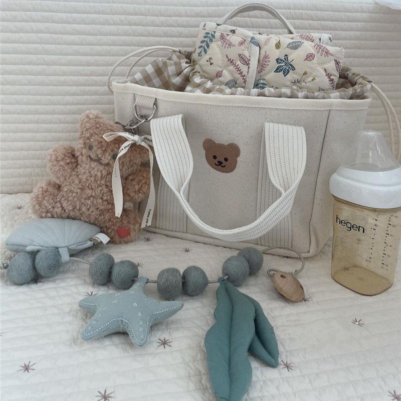 韓國手提包 小熊媽媽包 格紋媽媽包 包中包 散步手提袋 媽媽包 帆布包 外出輕便多功能手提包 溜娃母嬰包 上班包-細節圖6