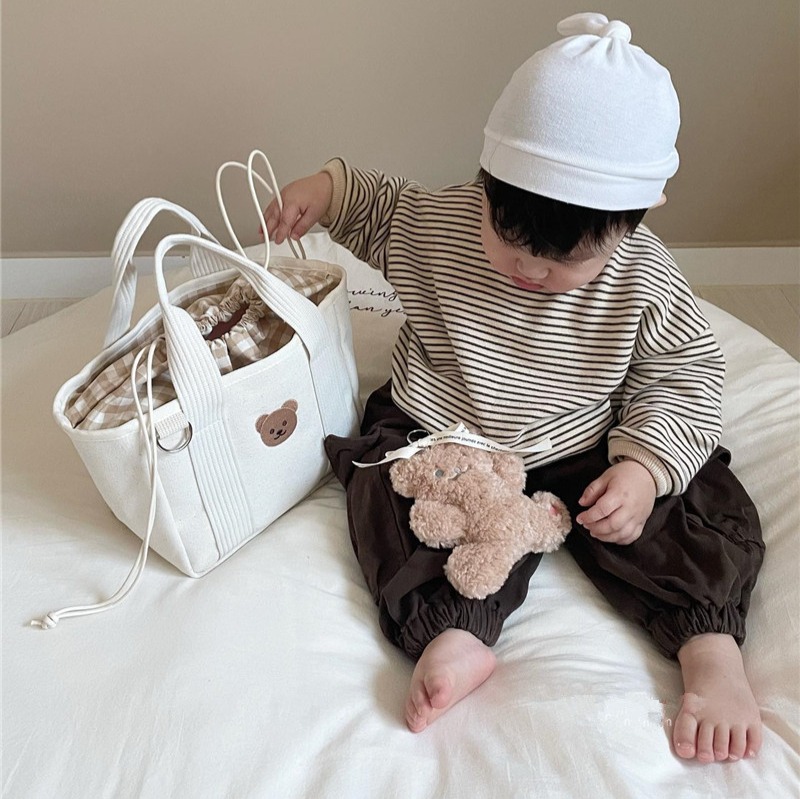 韓國手提包 小熊媽媽包 格紋媽媽包 包中包 散步手提袋 媽媽包 帆布包 外出輕便多功能手提包 溜娃母嬰包 上班包-細節圖7