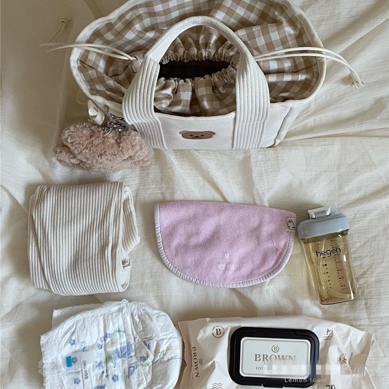 韓國手提包 小熊媽媽包 格紋媽媽包 包中包 散步手提袋 媽媽包 帆布包 外出輕便多功能手提包 溜娃母嬰包 上班包-細節圖8