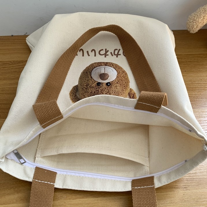 現貨｜日韓系簡約小熊頭帆布購物包 大容量手提袋 可肩揹拉鍊包 手提袋 購物袋 媽媽包 文青風提袋 學生書包-細節圖4