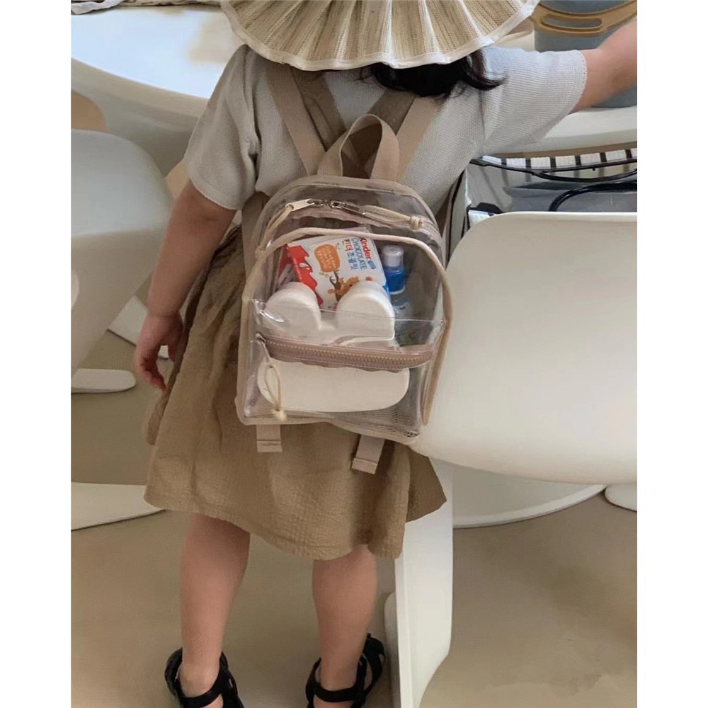 現貨｜韓國ins 沙灘包 奶茶後背包 透明 包包 拉鍊包 雙肩包 透明 防水 兒童包 幼兒園 果凍包-細節圖2
