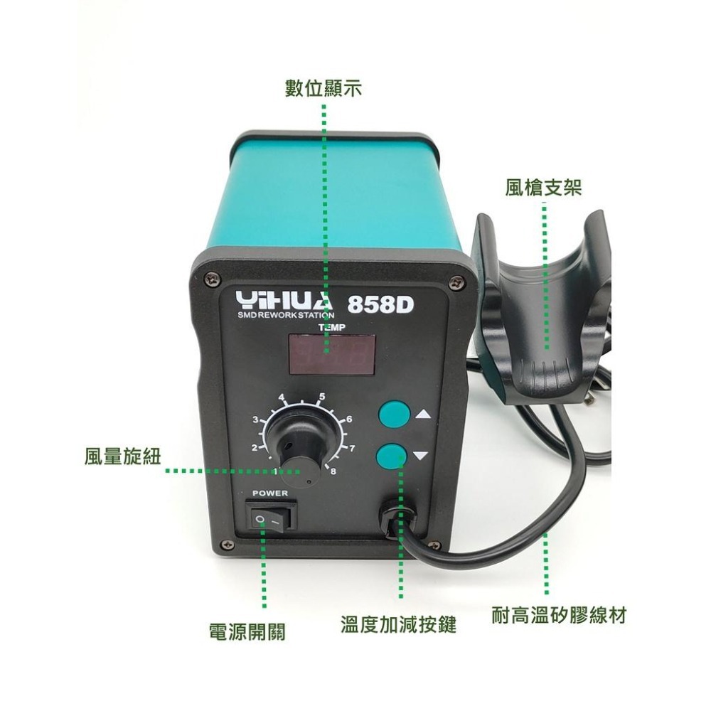 台灣出貨 誼華 YIHUA 858 / 858D 無刷風機 柔和風 熱風槍 焊台 恆溫 BGA 焊槍 調溫 家用拆焊台-細節圖2