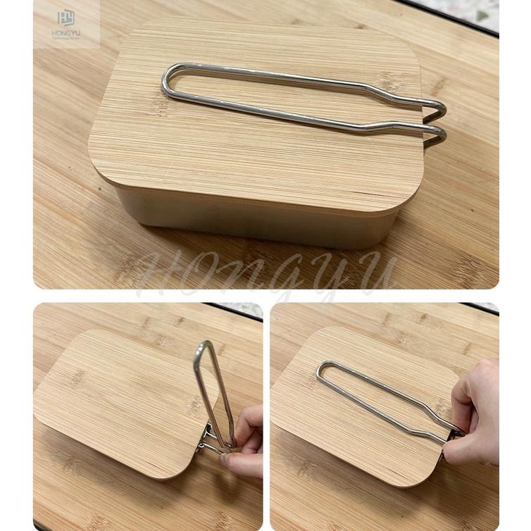 台灣現貨 304不銹鋼飯盒 戶外 野坎 野營 露營 竹木菜板蓋 折疊 飯盒 餐具 套裝 便當盒-細節圖8