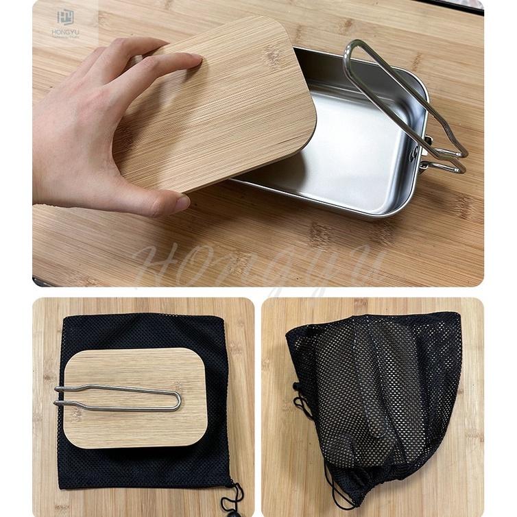 台灣現貨 304不銹鋼飯盒 戶外 野坎 野營 露營 竹木菜板蓋 折疊 飯盒 餐具 套裝 便當盒-細節圖9