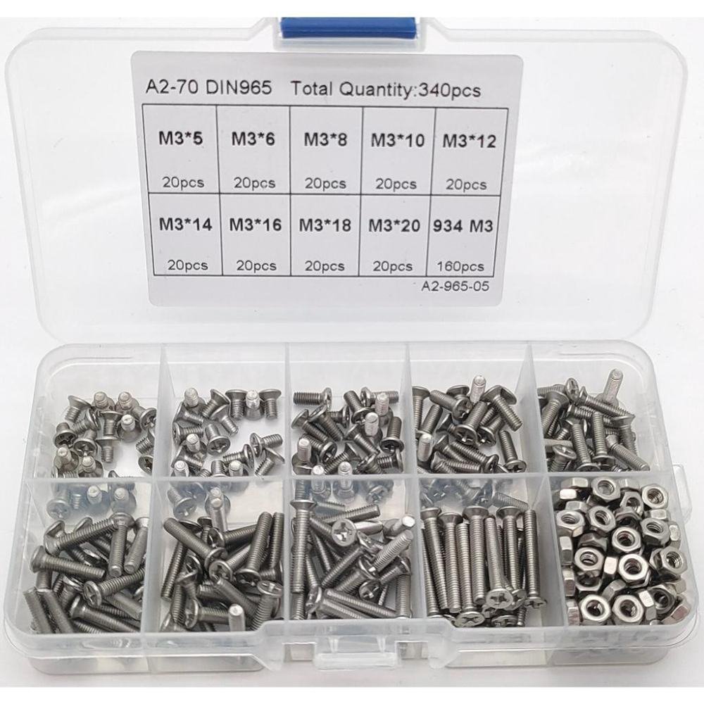 M3 十字平頭 螺絲 螺帽 套裝 組盒  盒裝 共340pcs 配螺母 不銹鋼304(A2-70) 現貨-細節圖2