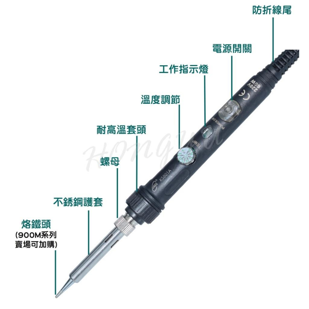 新款 60W 帶開關 KS801A 調溫烙鐵 內熱式電烙鐵 調溫電烙鐵 110V / 60W-細節圖3