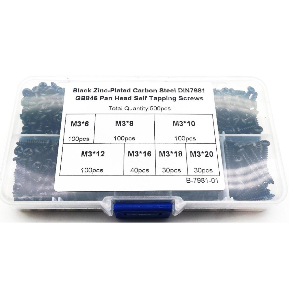 500pcs M3 黑色 碳鋼 圓頭 盤頭 自攻螺絲 螺絲釘 500顆 組合 套裝 盒裝-細節圖2