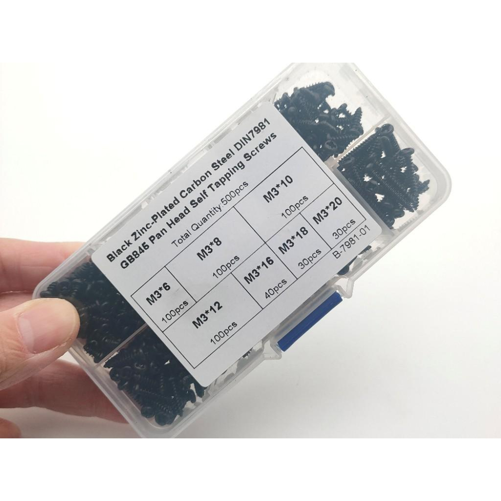 500pcs M3 黑色 碳鋼 圓頭 盤頭 自攻螺絲 螺絲釘 500顆 組合 套裝 盒裝-細節圖7