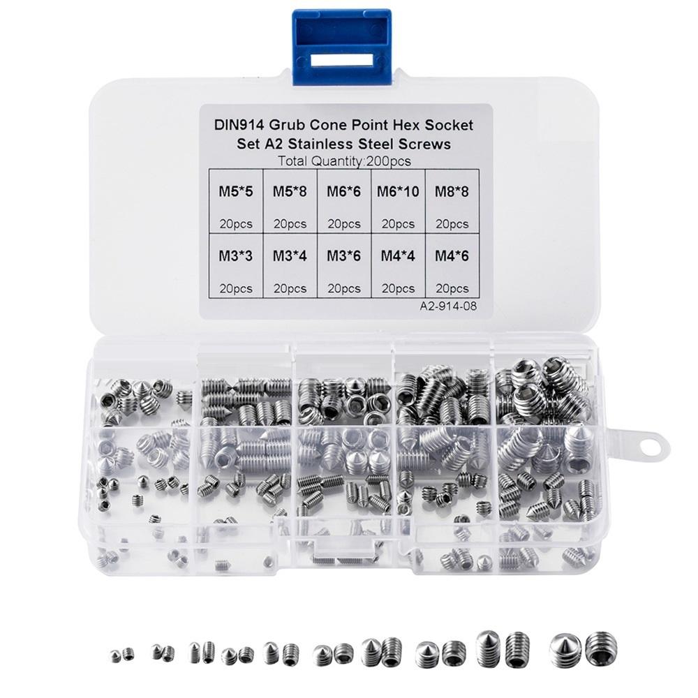 內六角螺絲 DIN914 200pcs凹端緊定 止付螺絲 M3/4/5/6/8 套裝 盒裝 304(A2-70)不銹鋼-細節圖2
