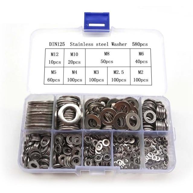 304不銹鋼 螺絲墊片 平墊圈 組合 螺絲墊圈 華司介子 580pcs 墊片 盒裝-細節圖2