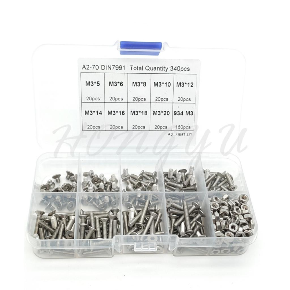 M3 內六角 平頭 螺絲 螺帽 套裝 組盒  盒裝 共340pcs 配螺母 六角 不銹鋼304(A2-70) 現貨-細節圖5