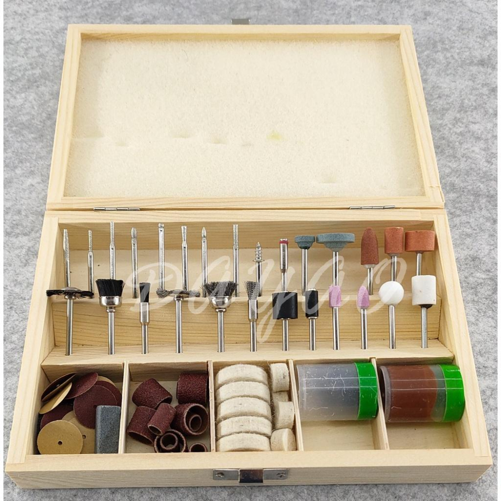 電磨機 常用 混和磨頭套裝 砂輪頭 砂紙圈 切割片 鋼絲刷 耗材 配件 木盒 盒裝 套件 約100pcs 現貨-細節圖2