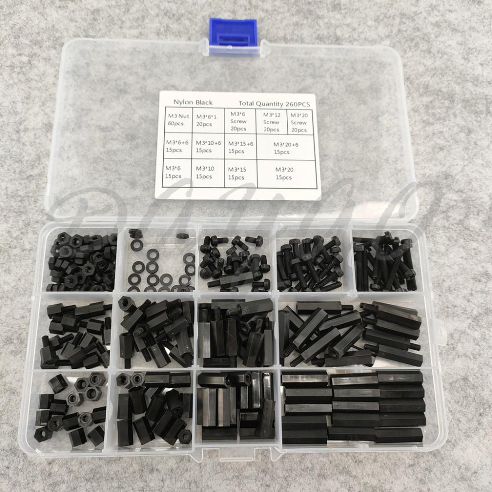 M3 六角 尼龍柱 PCB  銅柱 螺帽  螺絲 隔離柱 塑膠 單通 雙通 黑 白 260pcs 盒裝 套裝-細節圖2
