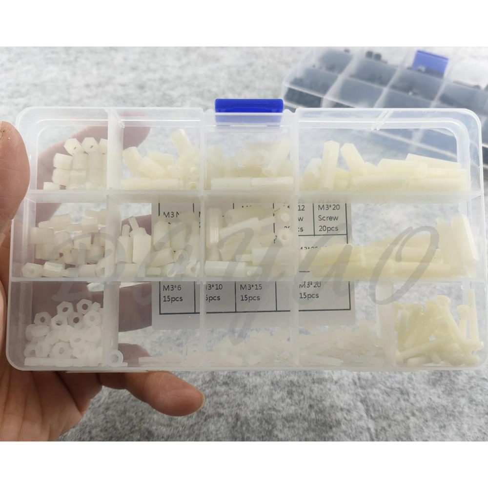 M3 六角 尼龍柱 PCB  銅柱 螺帽  螺絲 隔離柱 塑膠 單通 雙通 黑 白 260pcs 盒裝 套裝-細節圖6