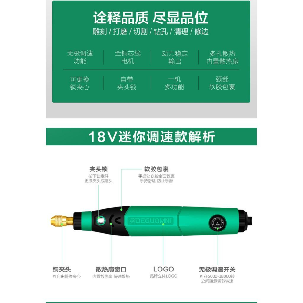 美耐特® MNT-995202A 18V 插電 無級調速 迷你 電磨機 小型電動打磨 拋光 小電鑽 送105件實用-細節圖7