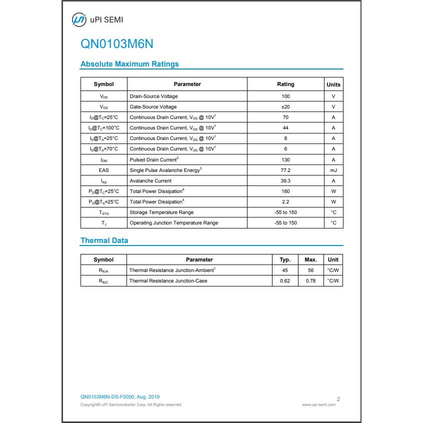 UPI SEMI 全新原廠 QN0103M6N N-Channel 100V Fast MOSFET  功率開關 未稅-細節圖2