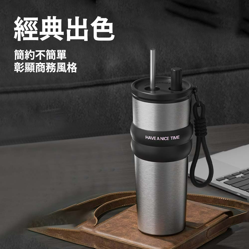 手提保溫杯 不銹鋼雙飲保溫杯 陶瓷咖啡杯 冰壩隨行杯 大容量710ML 保溫保冰外出杯 便攜隨身水杯-細節圖2