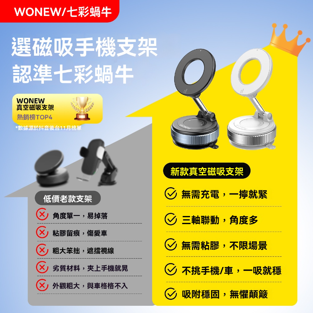 WONEW 七彩蝸牛磁吸支架 真空支架 新款吸盤支架 摺疊旋轉支架 免充電 N52 Magsafe-細節圖2