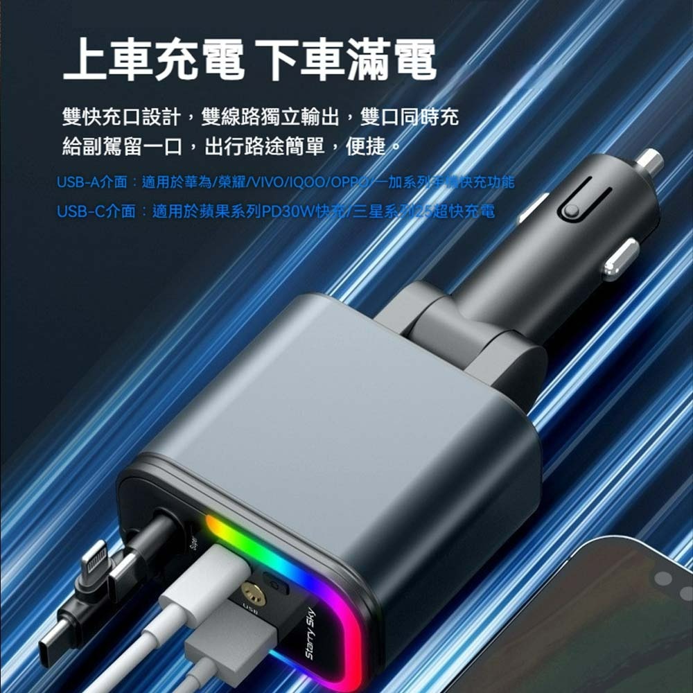 星空燈五合一PD伸縮線車充 多功能快充車用充電器 雙口USB 車充頭 TYPE-C Lightning 可伸縮車充-細節圖7