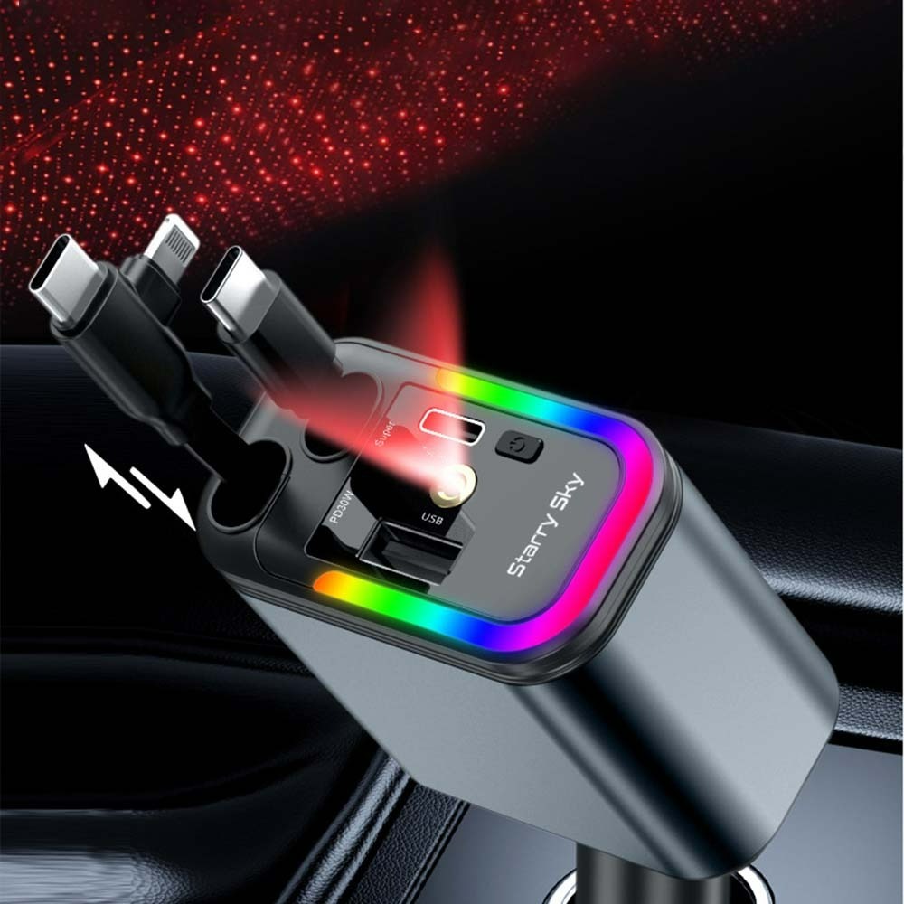 星空燈五合一PD伸縮線車充 多功能快充車用充電器 雙口USB 車充頭 TYPE-C Lightning 可伸縮車充-細節圖9