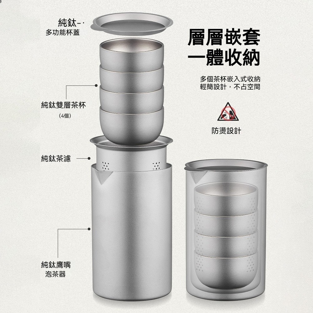 純鈦旅行茶具 泡茶組 純鈦茶杯 茶壺 茶具組 輕量便攜 收納方便 戶外露營泡茶組 鈦金屬茶具組 茶器組 台灣出貨-細節圖5
