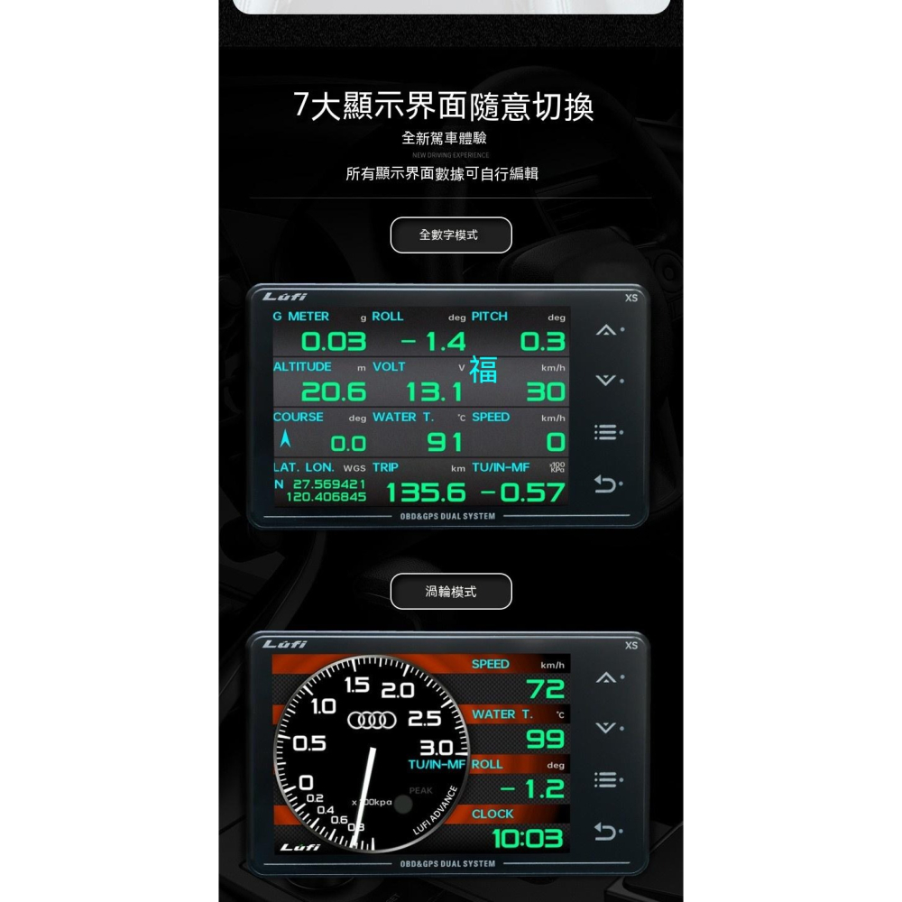 三代 LUFI XS 多功能 OBD+GPS 儀表｜水溫渦輪油溫表 車用數據顯示器 抬頭顯示 速度電壓 ECU 行車-細節圖4