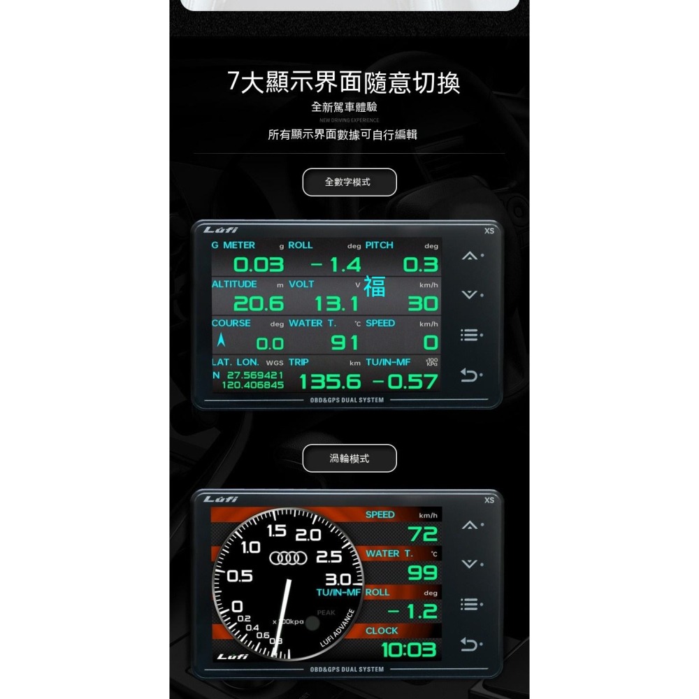 三代 LUFI XS 多功能 OBD+GPS 儀表｜水溫渦輪油溫表 車用數據顯示器 抬頭顯示 速度電壓 ECU 行車-細節圖4