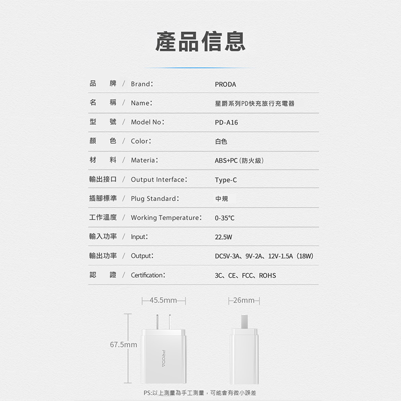 PRODA 星爵 18W PD快充充電器 PD-A16 Type-C快充頭 旅充插頭 USB-C充電器 18W大功率-細節圖5