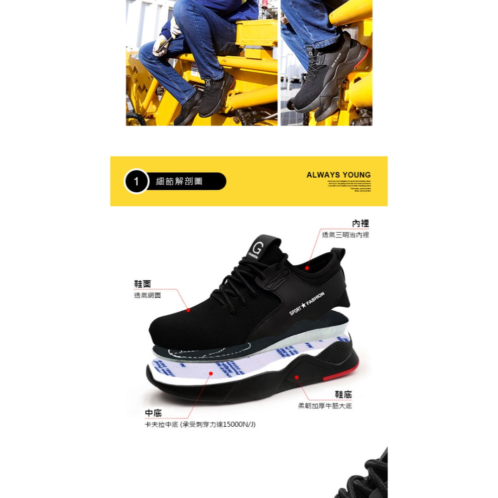 防砸防刺工地鞋 男款透氣工作鞋 防滑耐磨安全鞋 輕量鋼頭勞保鞋 防護運動鞋 工人必備休閒鞋-細節圖4