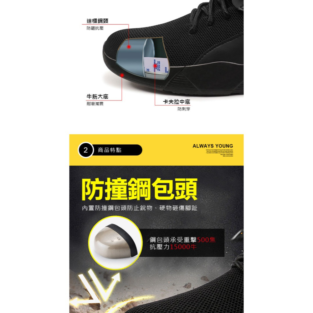 防砸防刺工地鞋 男款透氣工作鞋 防滑耐磨安全鞋 輕量鋼頭勞保鞋 防護運動鞋 工人必備休閒鞋-細節圖5
