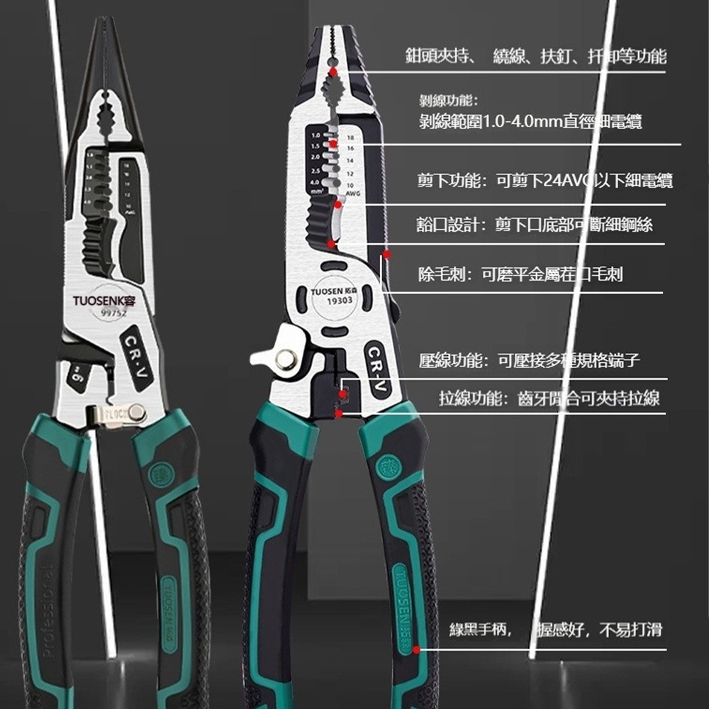 TUOSEN 拓森 十合一 電工鋼絲鉗 多功能剝線鉗 壓線 剪線 剪鋼絲 電工工具 修繕必備-細節圖8