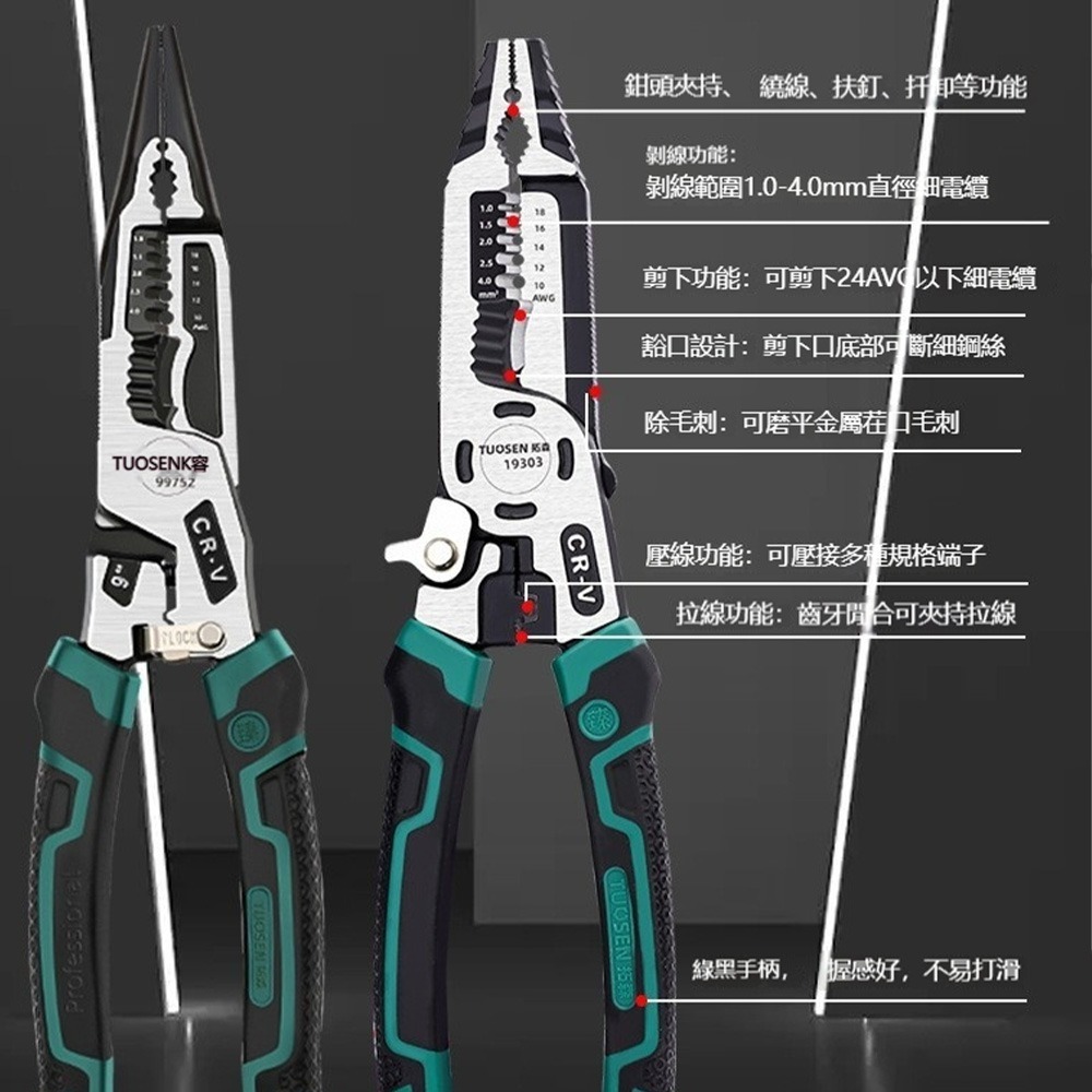 TUOSEN 拓森 十合一 電工鋼絲鉗 多功能剝線鉗 壓線 剪線 剪鋼絲 電工工具 修繕必備-細節圖8