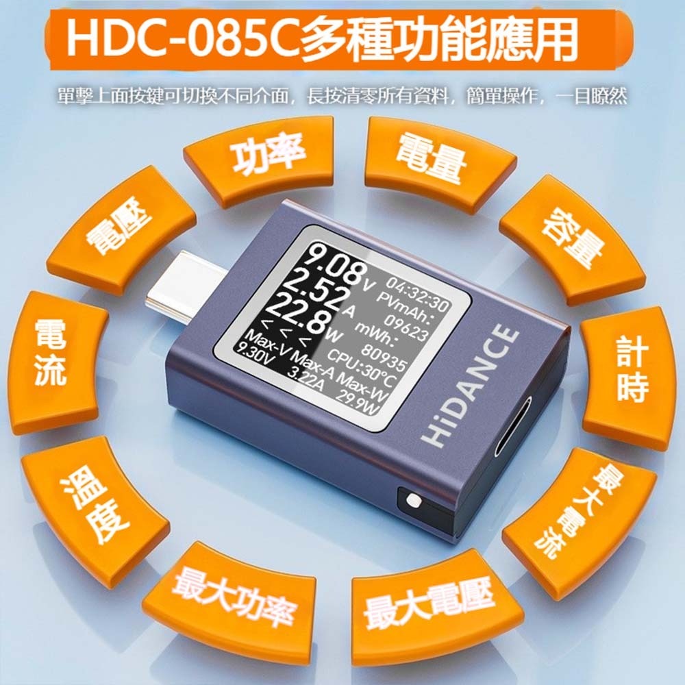 炬為 Type-C 電壓電流表 HDC-085C PD3.1 50V 功率測試 儀表 旋轉螢幕-細節圖3