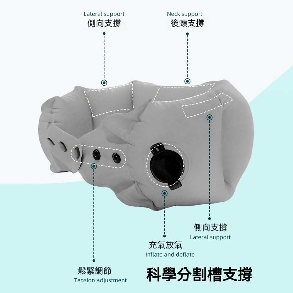 LULUROYAL 旅行充氣U型枕 便攜護頸枕 360度環頸支撐 三檔調節 飛機高鐵午睡必備 輕量可掛扣收納頸枕-細節圖5