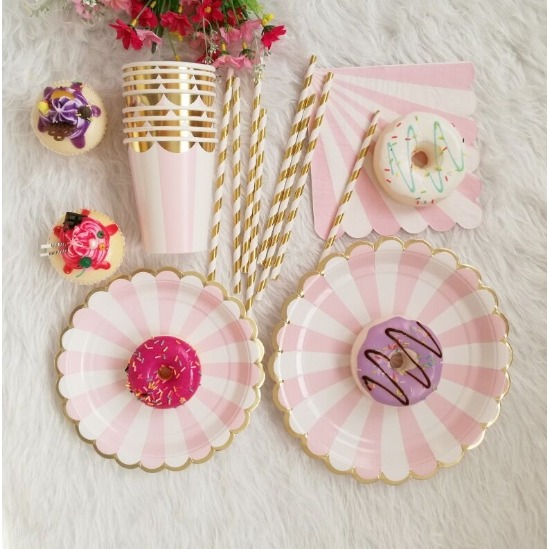 【巨路生活】一次性紙盤紙杯餐具 燙金邊紙盤 紙杯 甜品聚會條紋紙盤 餐盤-細節圖3