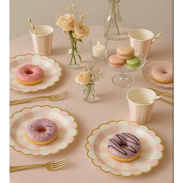 【巨路生活】一次性紙盤紙杯餐具 燙金邊紙盤 紙杯 甜品聚會條紋紙盤 餐盤-細節圖5