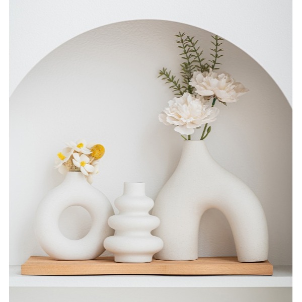 【巨路生活】白色陶瓷花瓶 波西米亞風格三件套 圓形幾何花瓶-細節圖9