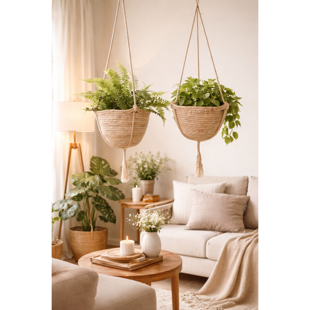 【巨路生活】手工編織麻繩吊掛花籃 玉米繩圓形吊繩 -玉米皮25cm花盆-細節圖2