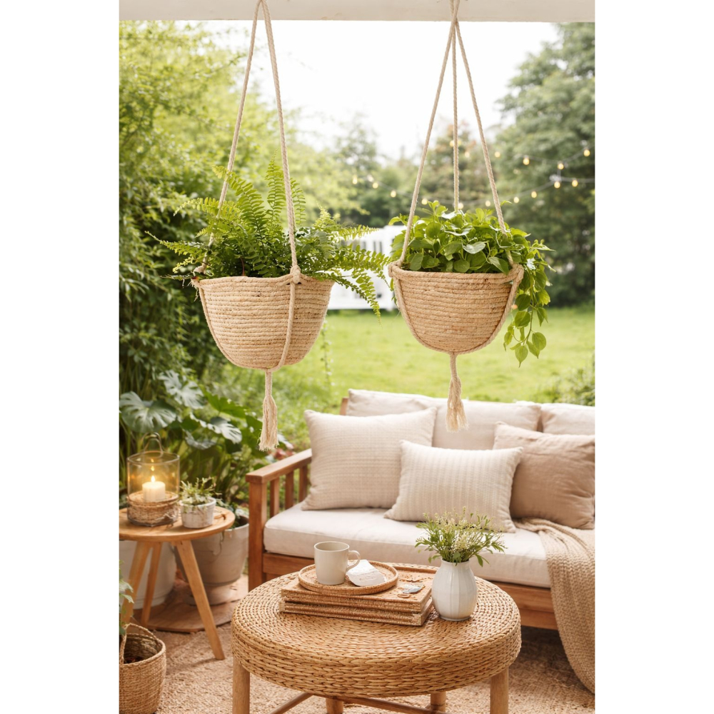 【巨路生活】手工編織麻繩吊掛花籃 玉米繩圓形吊繩 -玉米皮25cm花盆-細節圖3