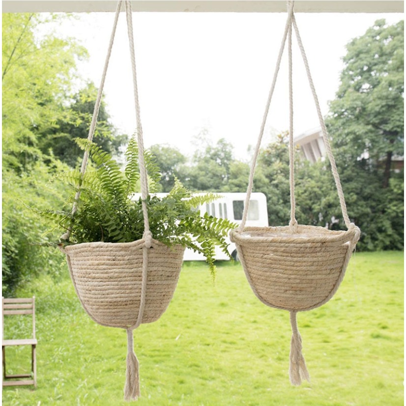 【巨路生活】手工編織麻繩吊掛花籃 玉米繩圓形吊繩 -玉米皮25cm花盆-細節圖4