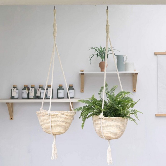 【巨路生活】手工編織麻繩吊掛花籃 玉米繩圓形吊繩 -玉米皮25cm花盆-細節圖5