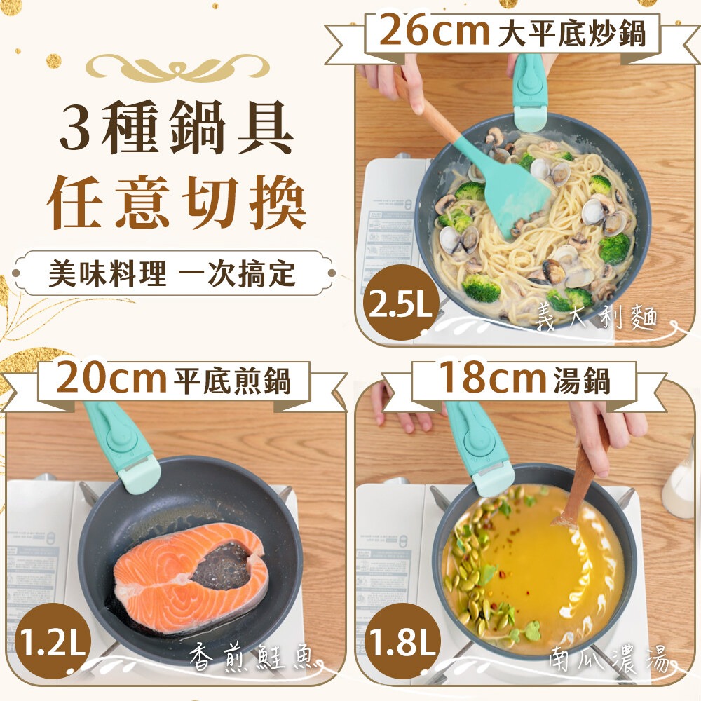 JOJOGO 北歐風可拆卸手把不沾鍋七件組 麥飯石不沾鍋 麥飯石平底鍋 不沾鍋炒鍋 可拆式手把 可拆式 平底鍋 炒鍋-細節圖5