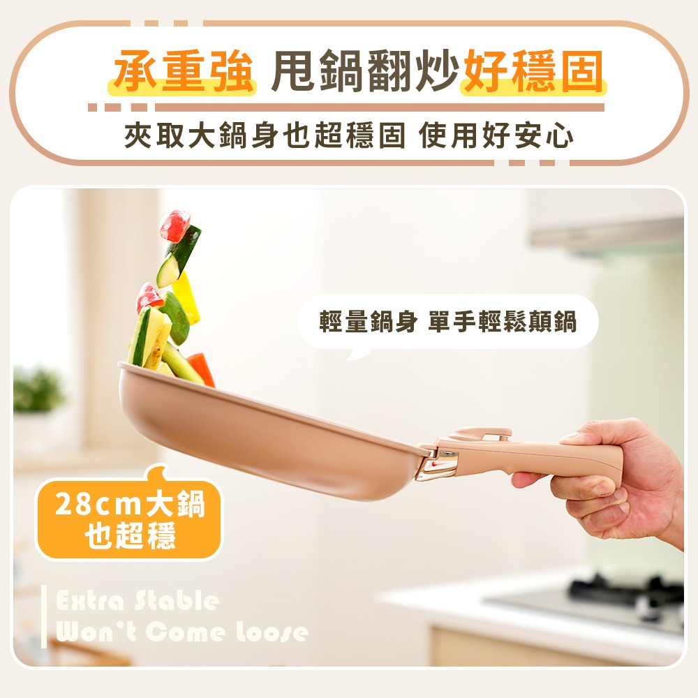 JOJOGO Wondamom 加大可拆鍋具六件組 麥飯石不沾鍋 陶瓷塗層不沾鍋 可拆式手把 可拆式手柄 平底鍋 炒鍋-細節圖4