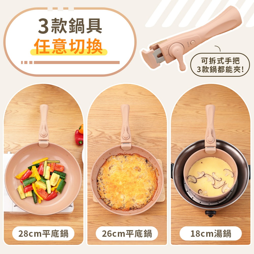 JOJOGO Wondamom 加大可拆鍋具六件組 麥飯石不沾鍋 陶瓷塗層不沾鍋 可拆式手把 可拆式手柄 平底鍋 炒鍋-細節圖5