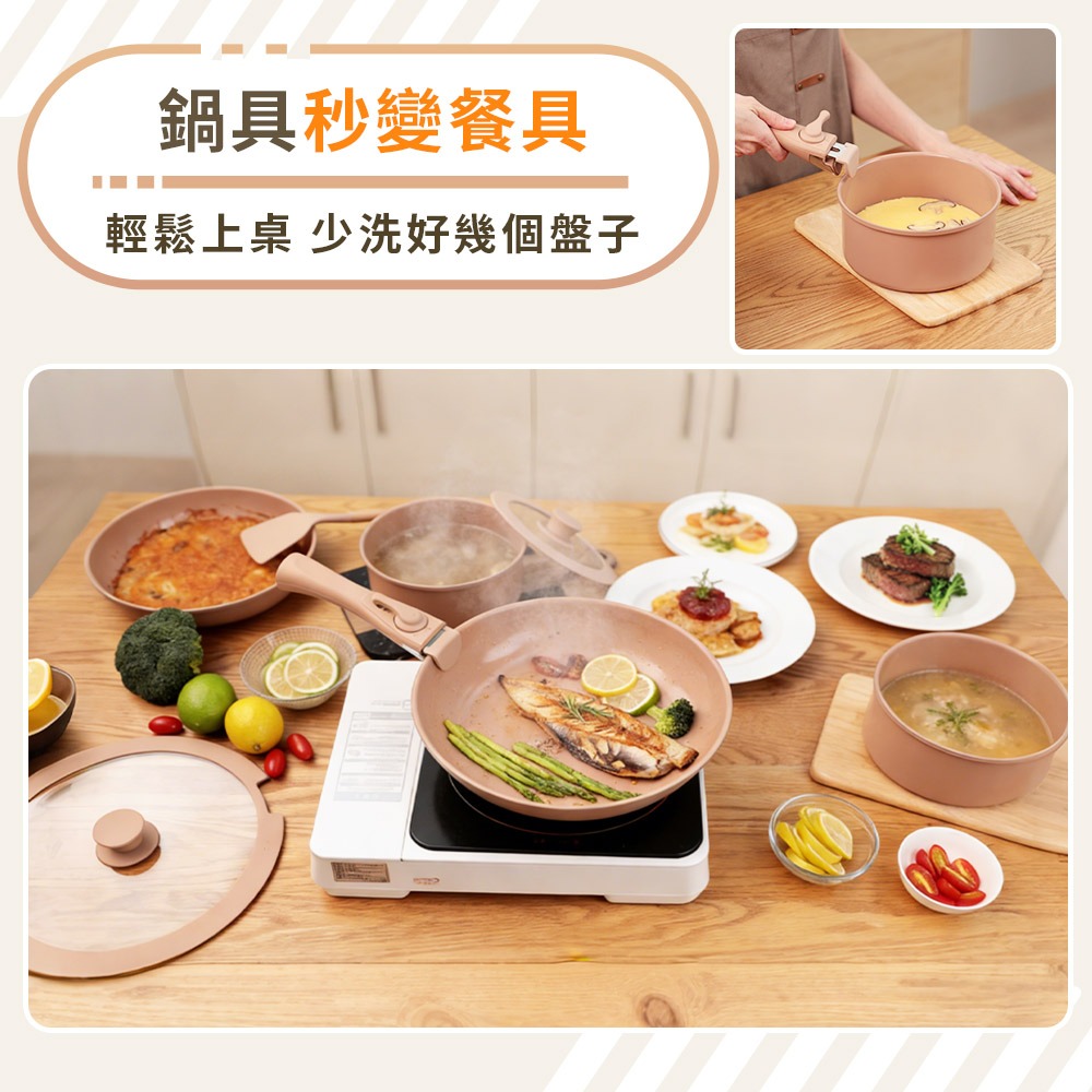 JOJOGO Wondamom 加大可拆鍋具六件組 麥飯石不沾鍋 陶瓷塗層不沾鍋 可拆式手把 可拆式手柄 平底鍋 炒鍋-細節圖8