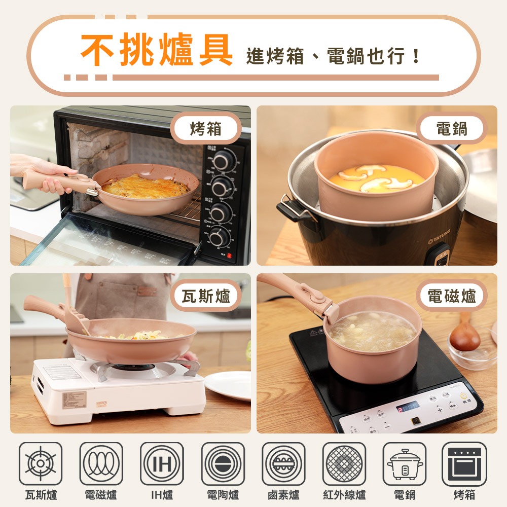 JOJOGO Wondamom 加大可拆鍋具六件組 麥飯石不沾鍋 陶瓷塗層不沾鍋 可拆式手把 可拆式手柄 平底鍋 炒鍋-細節圖11